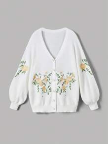 SHEIN MOD Cardigan Bordado com Gola em V, Manga Balão e Botões para Mulheres, Outono e Inverno, Suéter Oversized Vintage, Suéters para Chá da Tarde no Outono, Looks para Sair - Branco - Visão 1