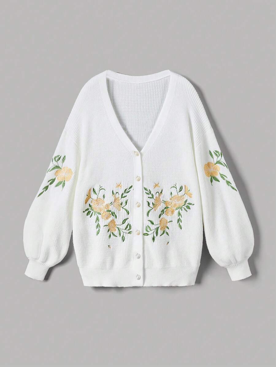 SHEIN MOD Cardigan Bordado com Gola em V, Manga Balão e Botões para Mulheres, Outono e Inverno, Suéter Oversized Vintage, Suéters para Chá da Tarde no Outono, Looks para Sair - Branco - Visão 1