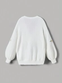 SHEIN MOD Cardigan Bordado com Gola em V, Manga Balão e Botões para Mulheres, Outono e Inverno, Suéter Oversized Vintage, Suéters para Chá da Tarde no Outono, Looks para Sair - Branco - Visão 2