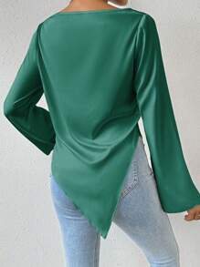 Chiquease Women's Solid Color Asymmetric Hem Elegant Blouse, Spring/Summer - Dark Green - View 2