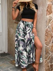 Breezaya 女士度假植物印花随意剪裁侧开衩下摆半身裙