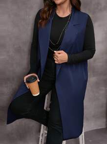 EMERY ROSE Plus Size Women Solid Color Casual Vest Jacket - Navy Blue - View 4