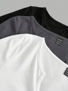 SHEIN EZwear 3 piezas Camiseta de manga larga de punto ajustada con cuello en V, cintura entallada y volantes, apropiada para principios de otoño, para mujer