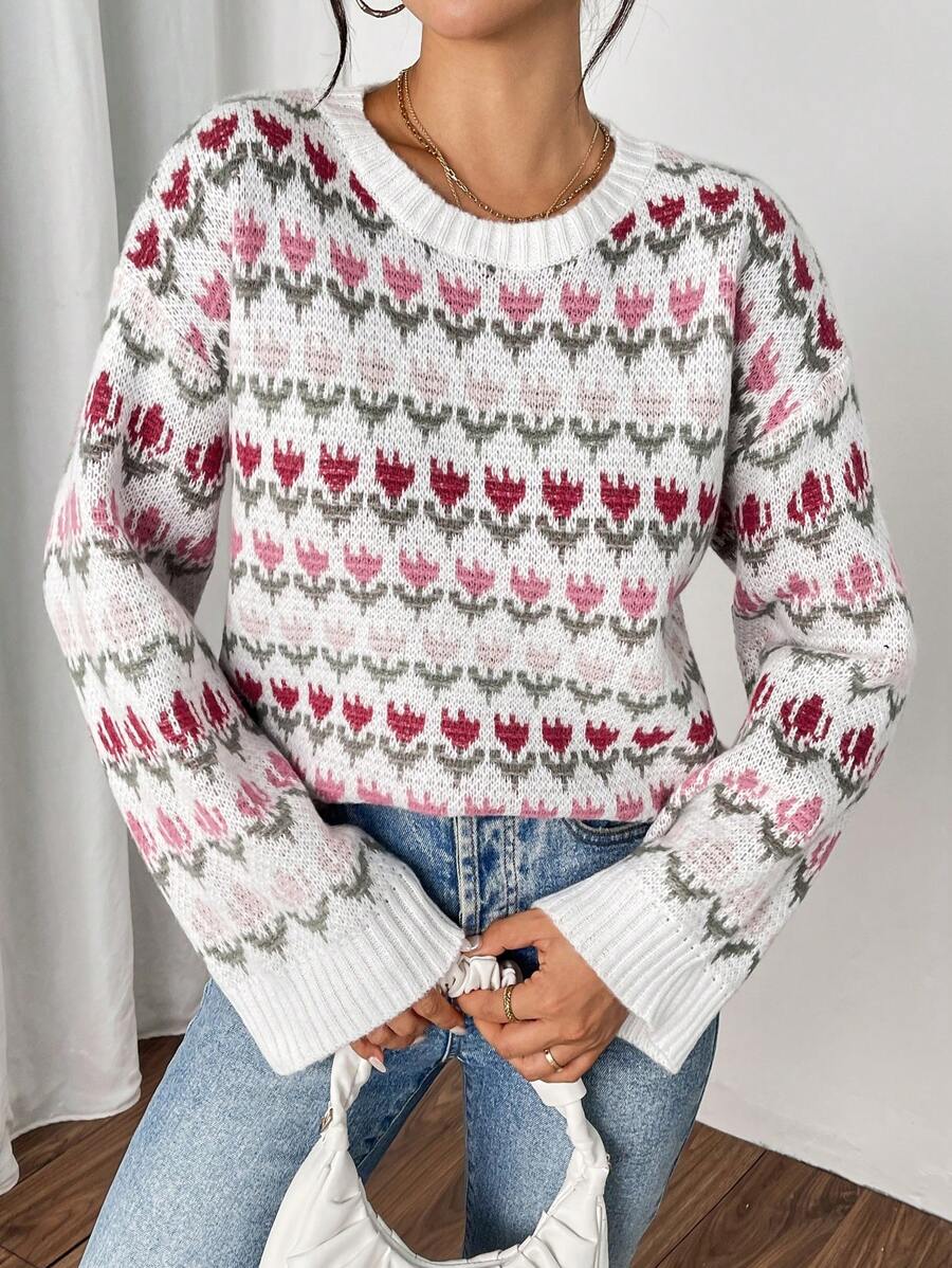 Chiquease Women Floral Pattern Crew Neck Long Sleeve Sweater, Knit Pullover Fall Winter - Multicolor - View 1