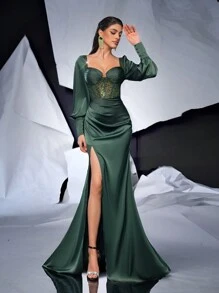 Glamrae Váy đuôi cá bằng vải satin co giãn đính hạt dài tay màu xanh ô liu sang trọng thanh lịch có xẻ tà, váy dự tiệc & dạ hội (dày dặn), váy trang trọng, dành cho khách dự tiệc cưới, tốt nghiệp, tiệc tối - Màu xanh lá cây đậm - Xem 4