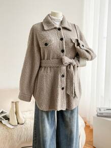 SHEIN Frenchy Plus Size Women's Cinched Waist Arc Hem Jacket With Bow Tie Belt - Coffee Brown - View 1