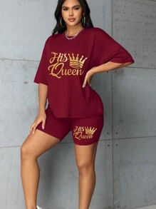 Fashionable Short Sleeve T-Shirt And Shorts Set Casual Summer - Burgundy - View 6