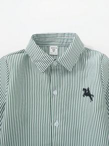 SHEIN 2pcs Young Boy Gentleman Outfit - Striped Blue Long Sleeve Shirt And Suit Pants With Belt, Fashionable For Birthday Party, Wedding, Christening And Other Formal Occasions - Dark Green - View 3