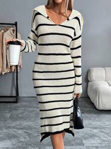 Chiquease Navy V-Neck Striped Drop Shoulder Long Sweater Dress For Women - Multicolor - View 1