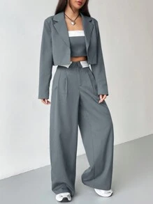 SHEIN EZwear Solid Color Jacket With Contrast Striped Pants Suit