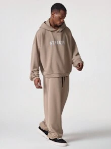 Manfinity VCAY Men Simple Print Hooded Sweatshirt & Pants Set, For Fall Winter - Black - View 5