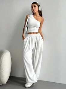 SHEIN Unity 纹理面料不对称肩部服装 - 白色 - 查看 4