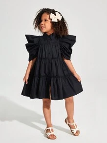 SHEIN Vestido casual feminino jovem tecido cor sólida elegante com babados e manga bufante