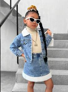 SHEIN Conjunto de jaqueta e saia da moda com forro térmico e lapela jeans para meninas