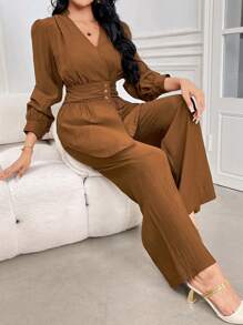 Modelyn 2pcs Women's Solid Color Button Front Blouse & Pants Casual Set 2 Pieces Set