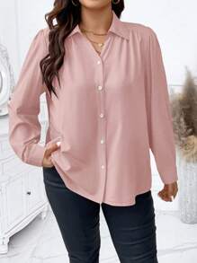 SHEIN Elenzya Camisa casual de manga larga de un solo color con botones frontales para tallas grandes - Rosa - Ver 5