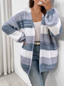 SHEIN Clasi Plus Size Winter Warm Fluffy Blue And White Loose Knit Cardigan, Suitable For Home, Going Out, Vacation, And Workwear Fall - Multicolor - View 5