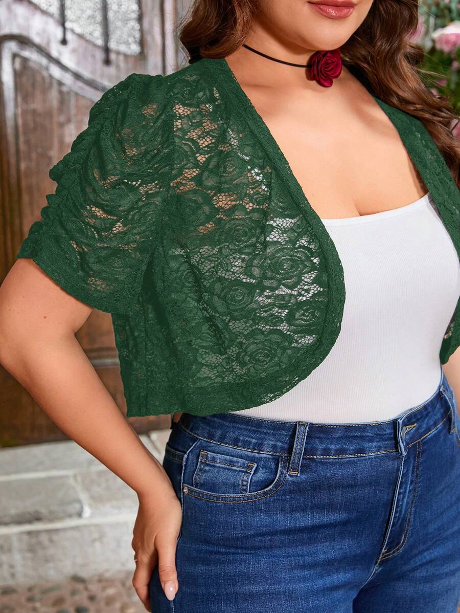 SHEIN Clasi 大码女式纯色蕾丝拼布短袖夹克 - 墨綠色 - 查看 1