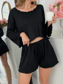 Solid Color Loose & Casual Ladies Sleepwear Pajama Set, Fall Winter Clothes Cozy And Elegant Details