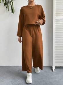 SHEIN Essnce 2 件女式船领长袖上衣和纯色休闲裤套装 - 棕色 - 查看 3