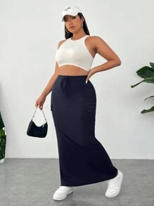 SHEIN EZwear 大码女式休闲纯色工装裙 - 藏蓝色 - 查看 3