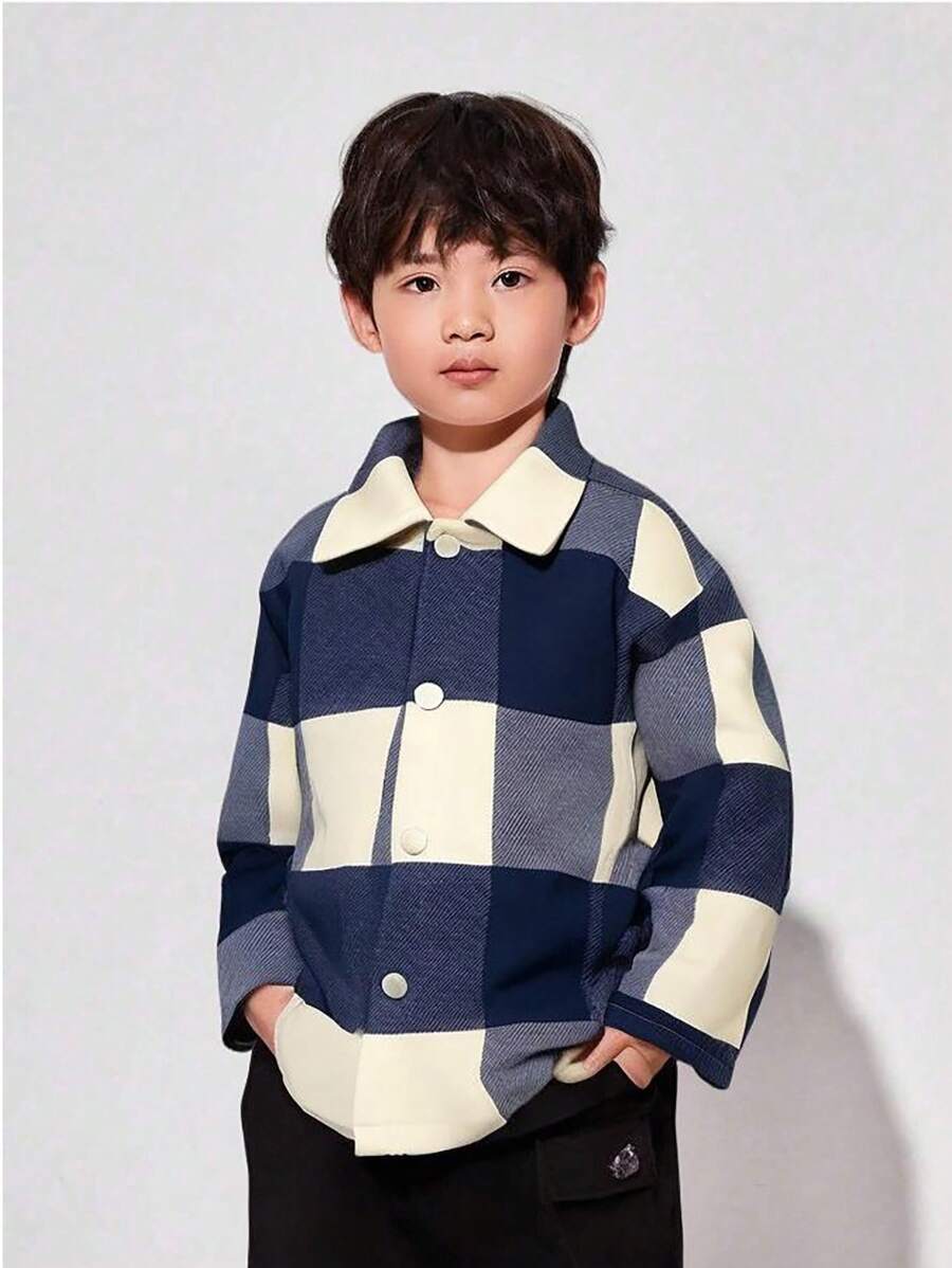SHEIN 1 件年轻男孩休闲学院风大格子衬衫夹克，适合秋冬季、旅行、上学、日常聚会 - 彩色 - 查看 1