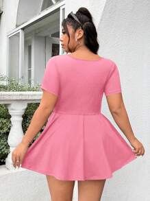 SHEIN EZwear 情人节，大码女式粉色短袖 A 字裙，荷叶边下摆，吸湿排汗，快干，透气面料，舒适，百搭休闲装，适合学校、户外、瑜伽、健身 - 粉色 - 查看 4