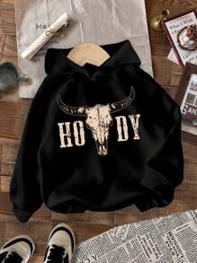 SHEIN Young Boy Cowboy Graphic Loose Fit Casual Hooded Thick Knit Long Sleeve Sweatshirt, Suitable For Autumn/Winter - Black - View 2