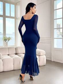 Modelyn Women's Solid Color Mesh Contrast Long Sleeve Pleated Ruffle Trim Fitted Dress Long Evening Dresses - Navy Blue - View 2