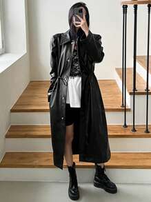 DAZY 女式 PU 皮革长款风衣，秋季女装夹克