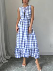SHEIN Frenchy 女士无袖前系带格子褶皱连衣裙休闲度假，秋季女士连衣裙，法式前系带蓝白格子度假休闲长连衣裙 - 藍色 - 查看 6