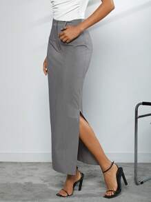 Hauture 女士商务休闲纯色前开衩拉链半身裙 - 灰色 - 查看 4