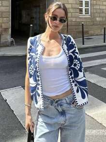 INAWLY Women Floral Print Sleeveless Casual Jacket - Multicolor - View 1