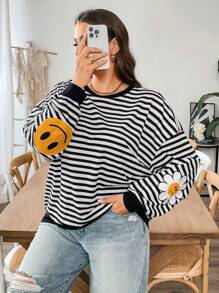 SHEIN Essnce Sudadera de mujer de talla grande con rayas negras y blancas, nueva moda de otoño, casual, deportiva y linda, tops de mujer de otoño de manga larga, sudaderas de otoño