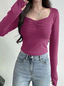 DAZY Women's Casual Solid Color Long Sleeve T-Shirt, Spring And Autumn - Hot Pink - View 4