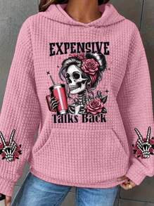 INAWLY Ladies' Casual Skull Skeleton Print Hooded Waffle Sweatshirt,Long Sleeve Tops - Pink - View 3