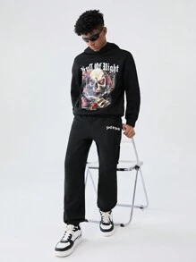 SHEIN Teen Boys Casual Skull Printed Hoodie Sweatshirt And Solid Color Sweatpants 2pcs Outfit, Suitable For Autumn And Winter - Black - View 4