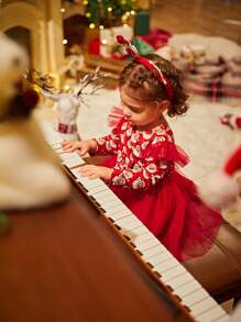 Christmas Baby Girl Doll Dress,Red And White Santa Claus Print Mesh Ruffle Bow Long Sleeve Cute Autumn Birthday Holiday Clothes For Spring Winter - Multicolor - View 3