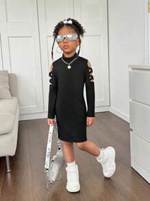 SHEIN Young Girl Knitted Stand Collar Casual Hollow-Out Shoulder Dress