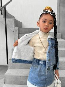 SHEIN Conjunto de jaqueta e saia da moda com forro térmico e lapela jeans para meninas