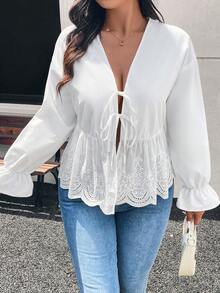 SHEIN Frenchy Áo cánh dài tay thêu cổ bẻ thiết kế kiểu Pháp thanh lịch giản dị thời trang cỡ lớn cho nữ - trắng - Xem 3