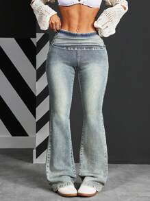 SHEIN PETITE Casual Washed Slim Flared Jeans - Blue - View 8