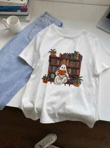 Camiseta de fantasmas leyendo libros, maestra, Halloween, bibliotecaria, libros - Blanco - Ver 1