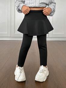 SHEIN Young Girl's & Young Girl's Lined Leggings Skirt, Girls' Casual Autumn Wear With Warmth - Black - View 5