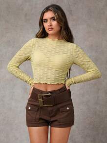 SHEIN BAE Blusa elegante de cuello redondo de manga larga con pliegues y bordados de moda para mujer