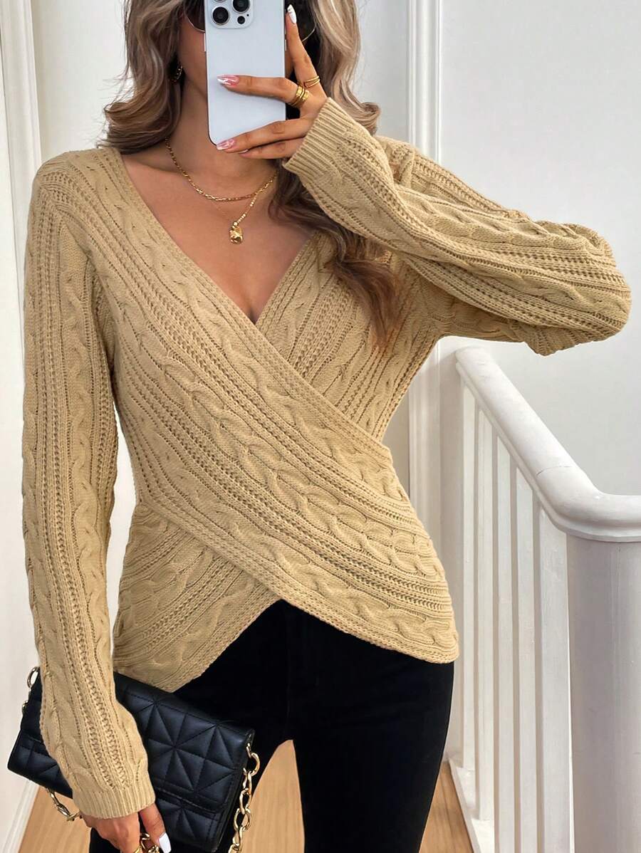 SHEIN Clasi Women's Solid Ribbed V-Neck Long Sleeve Sweater, Knit Pullover Fall Winter - Khaki - View 1