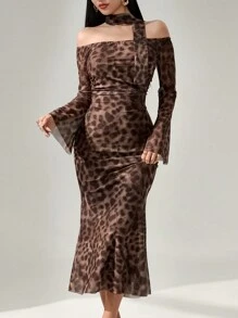 Modelyn 豹纹印花网眼长袖露肩休闲度假连衣裙长款女士装长款晚礼服 - 棕色 - 查看 5