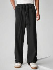 Men's Casual Solid Color Woven Straight Leg Pants, For Fall - Black - View 4