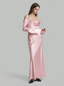 Ontre Elegant Fitted Off Shoulder Bell Sleeve Fish Tail Silk Party Dress, Pink Pastel Dress