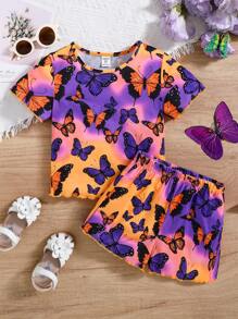 SHEIN 2pcs Girls Butterfly Pattern Loose Casual Short Sleeve Shorts Knit Comfortable Sleepwear Set, Summer